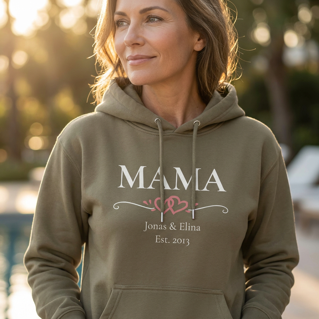 Personalisierter Mama Hoodie mit Herzen und Namen