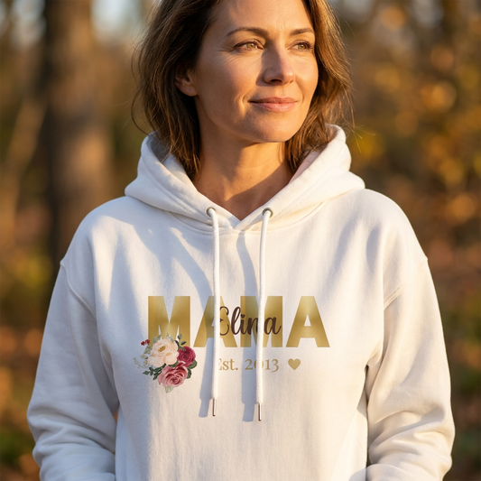 Personalisierter Mama Hoodie mit Blumen & Wunschname