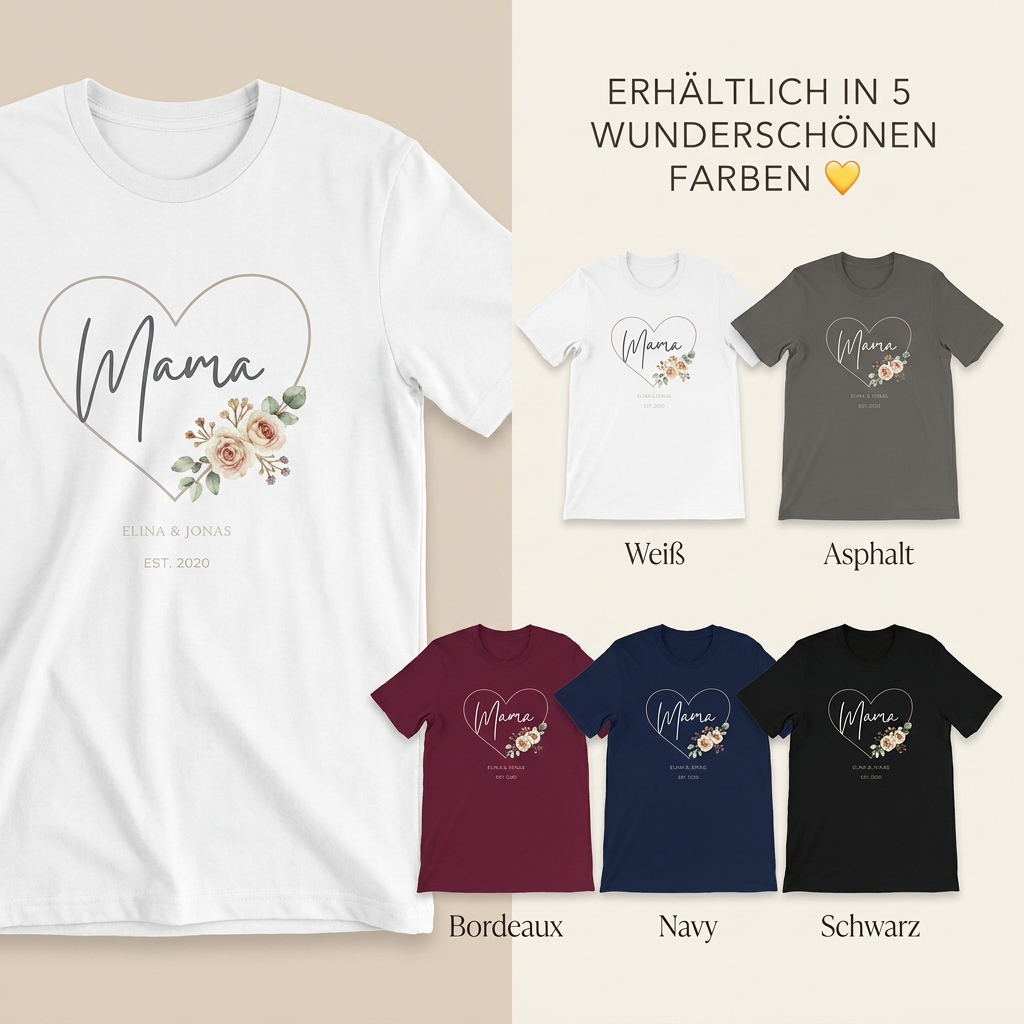 Personalisiertes Mama Shirt mit Kindernamen & Jahreszahl | Blumenherz Design Alternativen: