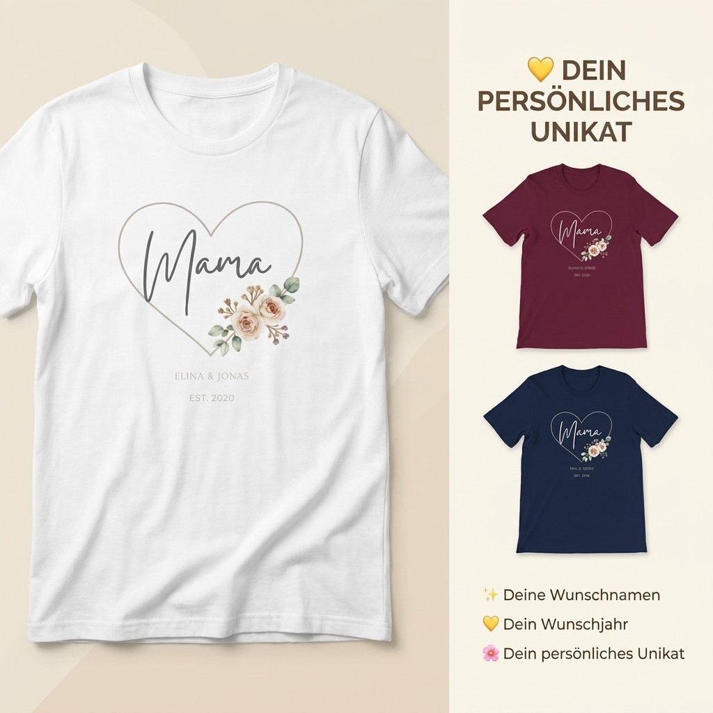 Personalisiertes Mama Shirt mit Kindernamen & Jahreszahl | Blumenherz Design Alternativen: